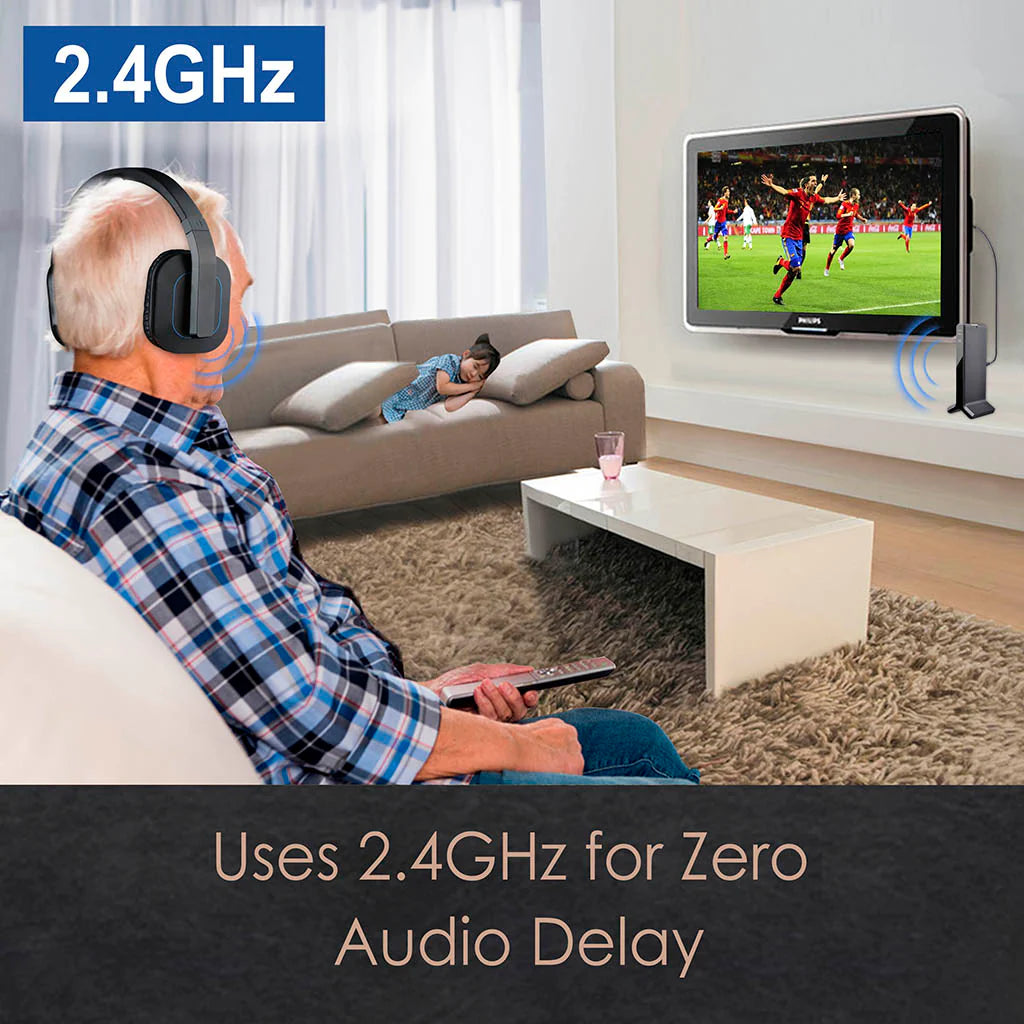 Wireless TV headphones, high volume setting, transmitter charging dock, ideal for the seniors and hearing impaired