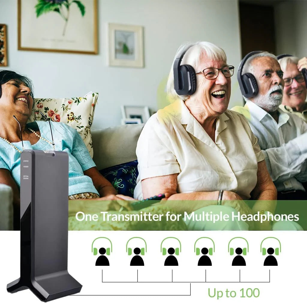 Wireless TV headphones, high volume setting, transmitter charging dock, ideal for the seniors and hearing impaired